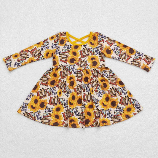 GLD0393 Baby Girl Western Long Sleeves Horse Sunflower Twirl Dress