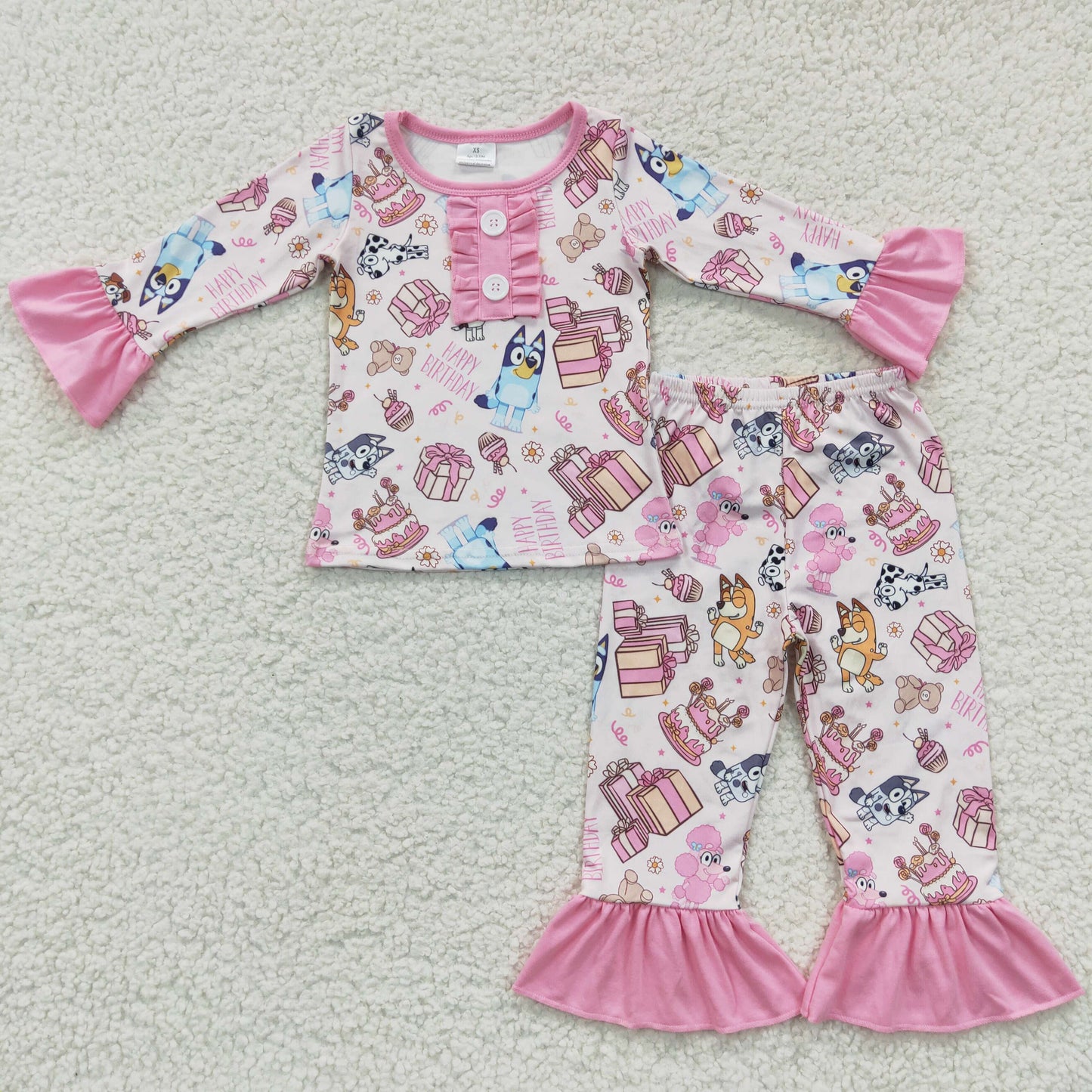 GLP0454 Baby Girl Long Sleeves Shirt Pants Dogs Outfit Pink Birthday Pajamas