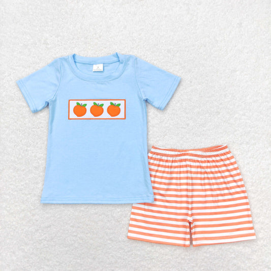 Baby Boy Blue Short Sleeves Embroidery Peaches Shirt Stripes Shorts Summer Set