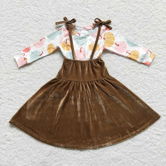 Baby Girl Thanksgiving Long Sleeves Pumpkin Shirt Velvet Dress Suspenders Outfit