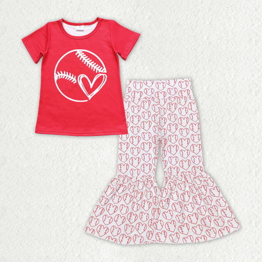 Baby Girl Red Shirt Baseball Hearts Bell Pants Set