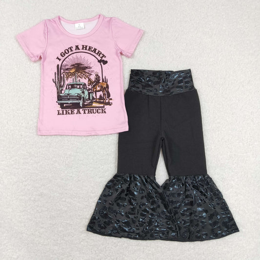 GSPO1192 Baby Girl Valentines Truck Pink Shirt Bell Pants Set