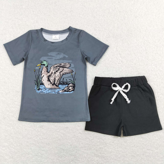 SSO0487 Baby Boy Short Sleeves Duck Shirt Pocket Black Shorts Summer Hunting Set