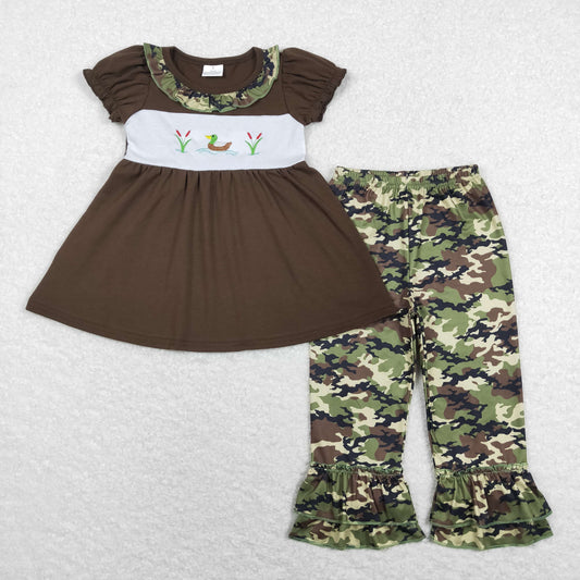 GSPO1088 Baby Girl Short Sleeves Embroidery Duck Tunic Camo Ruffle Pants Set