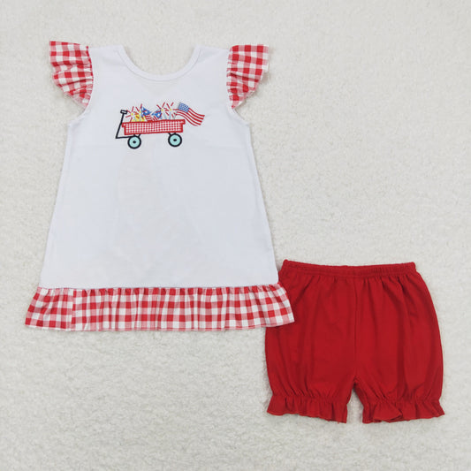 Baby Girl Short Sleeves Embroidery Flag Tops Red Shorts July 4th Set