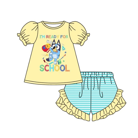 Moq 3 Pre-order GSSO0943 Baby Girl Yellow Short Sleeves Dogs Shirt Stripes Shorts Summer Back To School Set