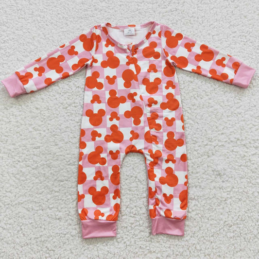 LR0309 Baby Girl Long Sleeves Zipper Cartoon Checkered Romper