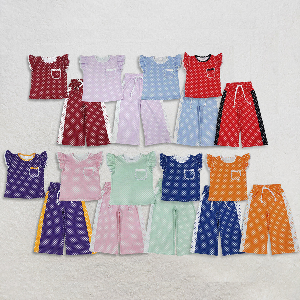 Sibling Baby Girl Kids Short Sleeves Pockets Shirts Dots Pants Sets Clothes RTS