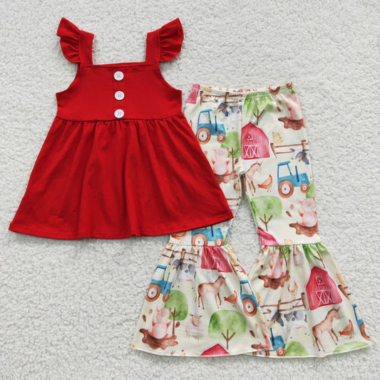 GSPO0587 Baby Girl Short Sleeves Red Cotton Tunic Farm Bell Pants Outfit