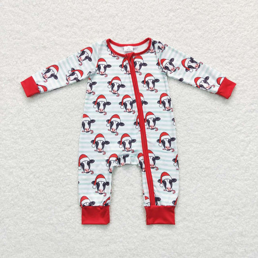 LR0700 Baby Boy Western Cow Long Sleeves Zipper One Piece Christmas Romper