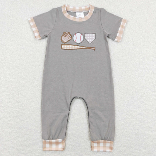 SR0614 Baby Boy Embroidery Baseball Grey Cotton Romper