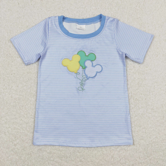 BT0505 Baby Boy Short Sleeves Embroidery Morse Stripes Blue Tops Shirt