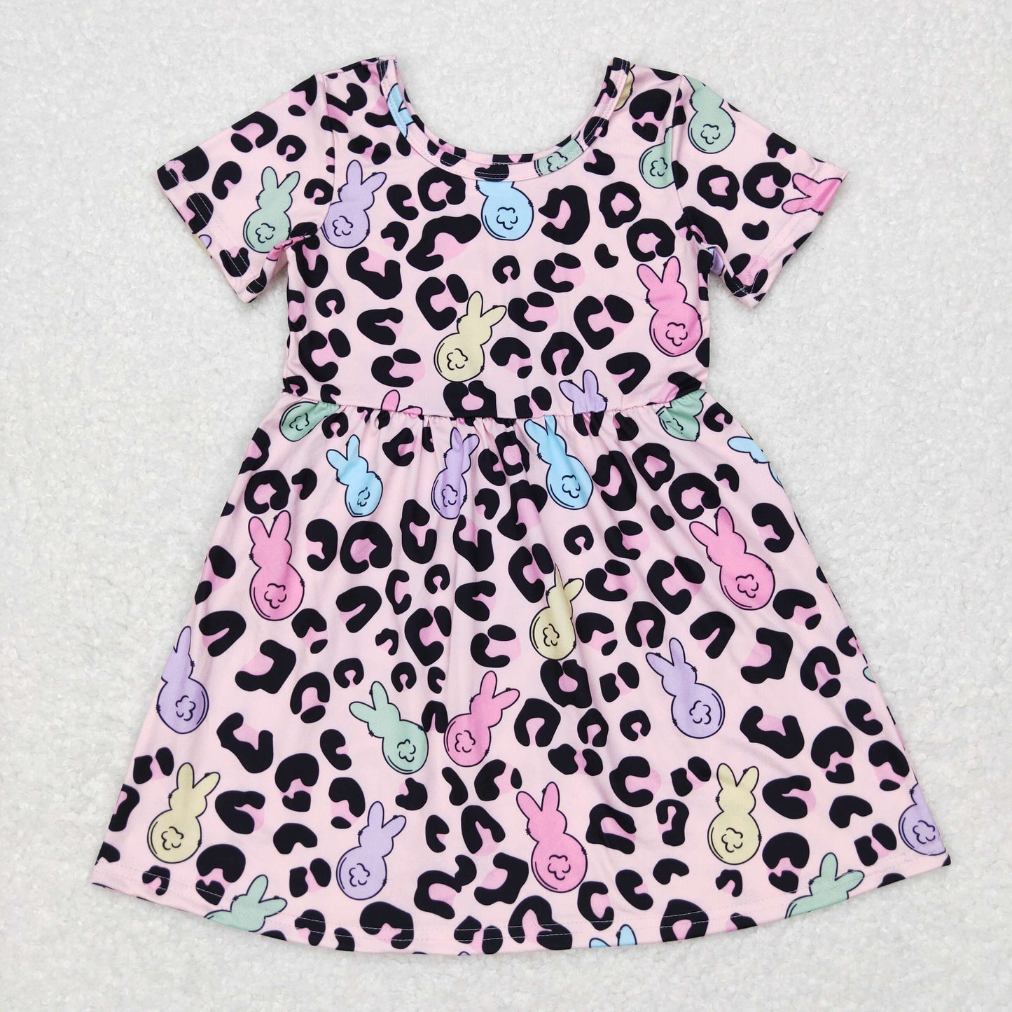 GSD0508 Baby Girl Short Sleeves Western Rabbit Leopard Dress