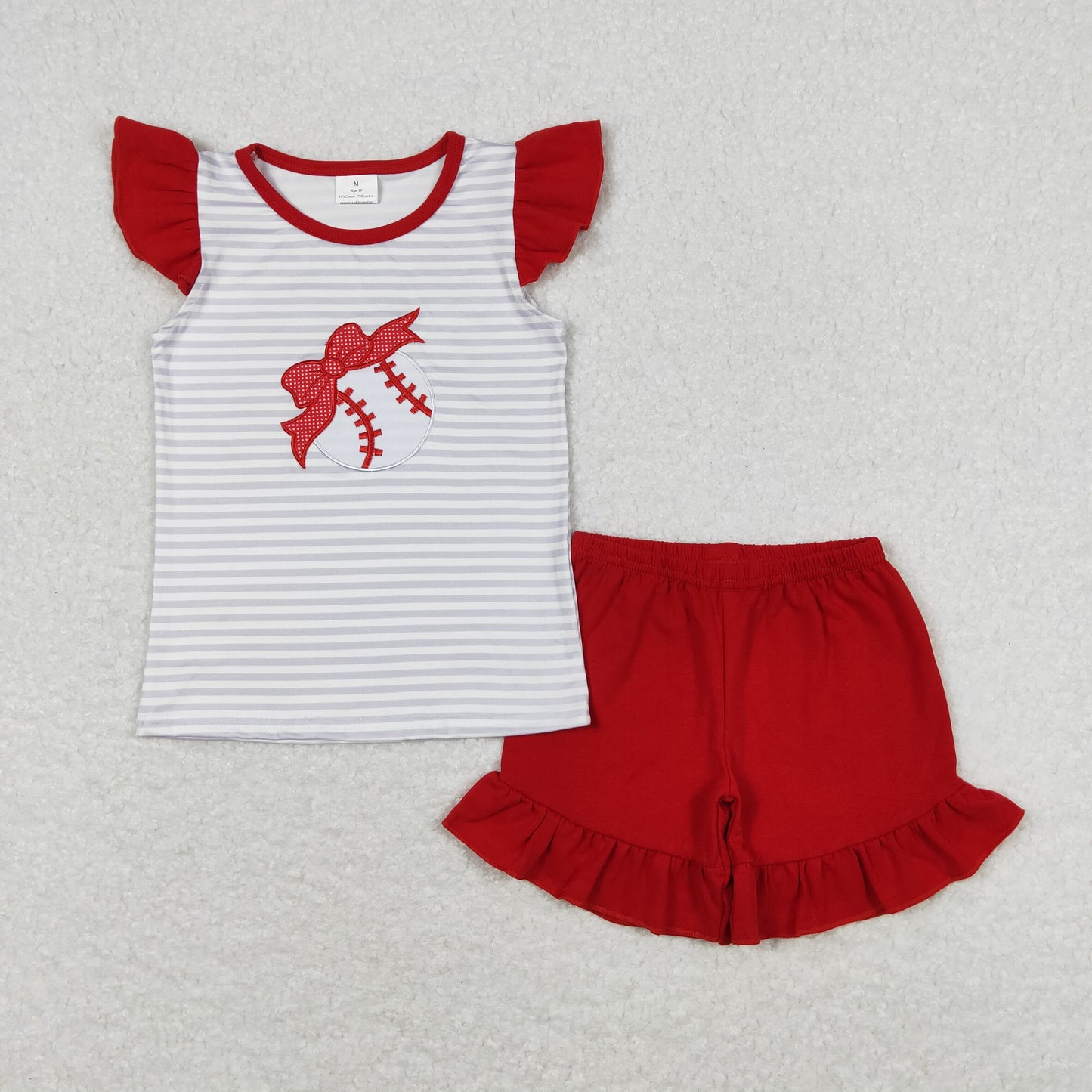 Baby Girl Short Sleeves Baseball Stripes Embroidery Tops Red Shorts Set