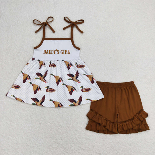 Embroidery Daddy's Girl Ducks Tunic Brown Ruffle Shorts Summer Set