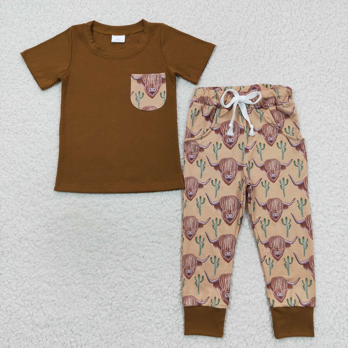 BSPO0158 Baby Boy Brown Short Sleeves Pocket Shirt Cow Cactus Pants Western Outfit