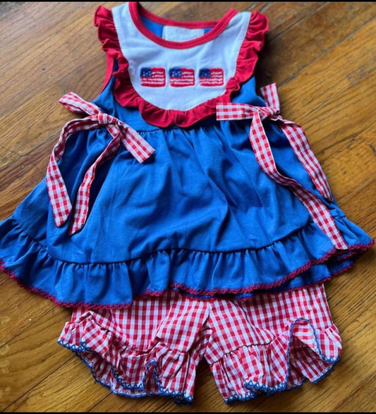 Moq 3 Pre-order GSSO0474 Baby Girl Flag Bue Tops Plaid Shorts July 4th Set