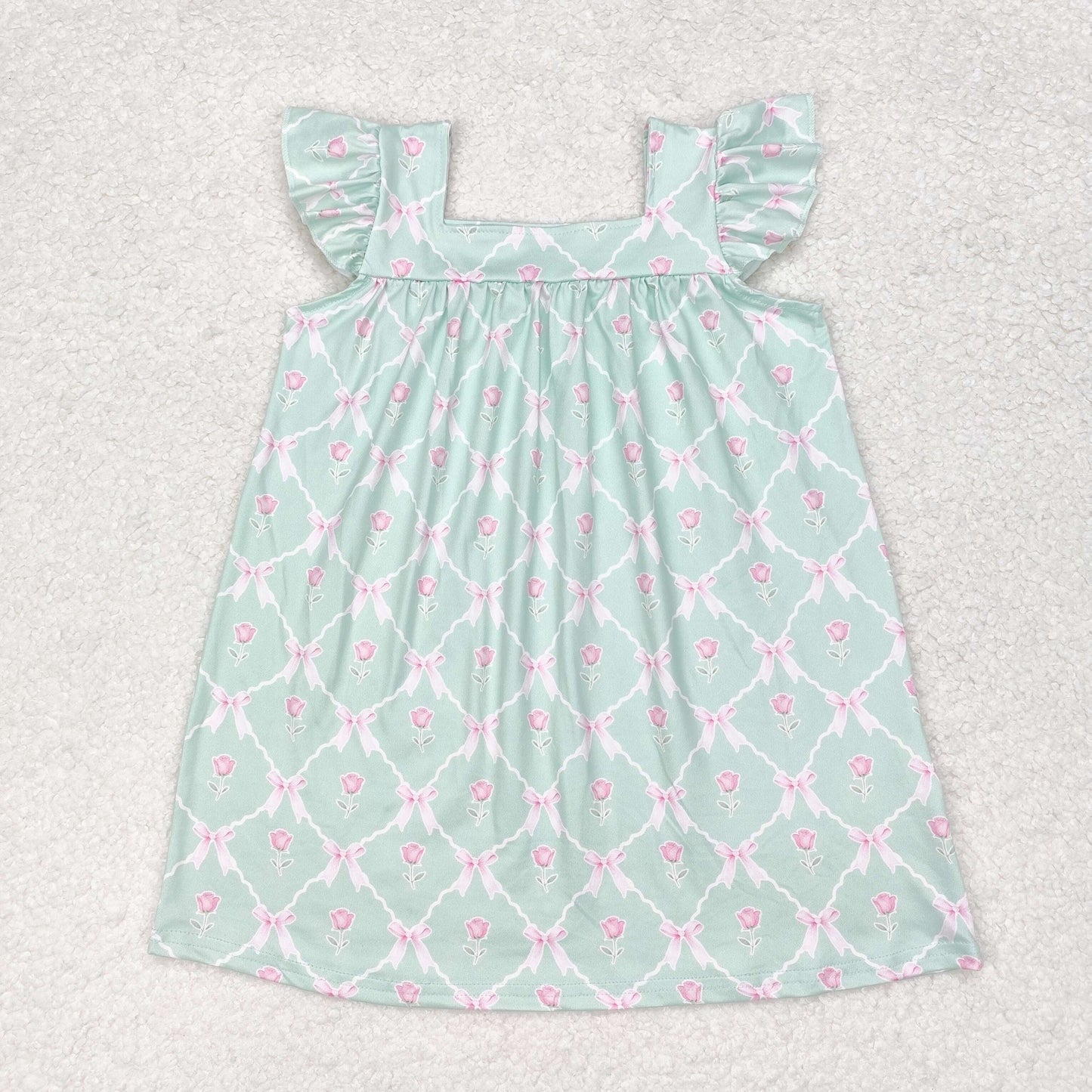 Baby Girl Short Sleeves Green Bows Ruffle Dress