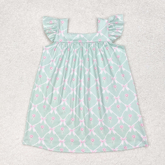 Baby Girl Short Sleeves Green Bows Ruffle Dress