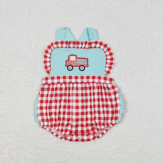 Baby Girl Embroidery Fire Truck Red Plaid Ruffle One Piece Romper