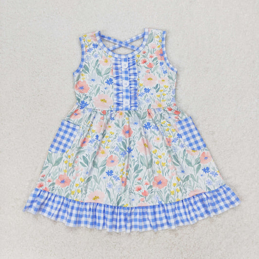 Baby Girl Sleeveless Floral Blue Plaid Pocket Dress