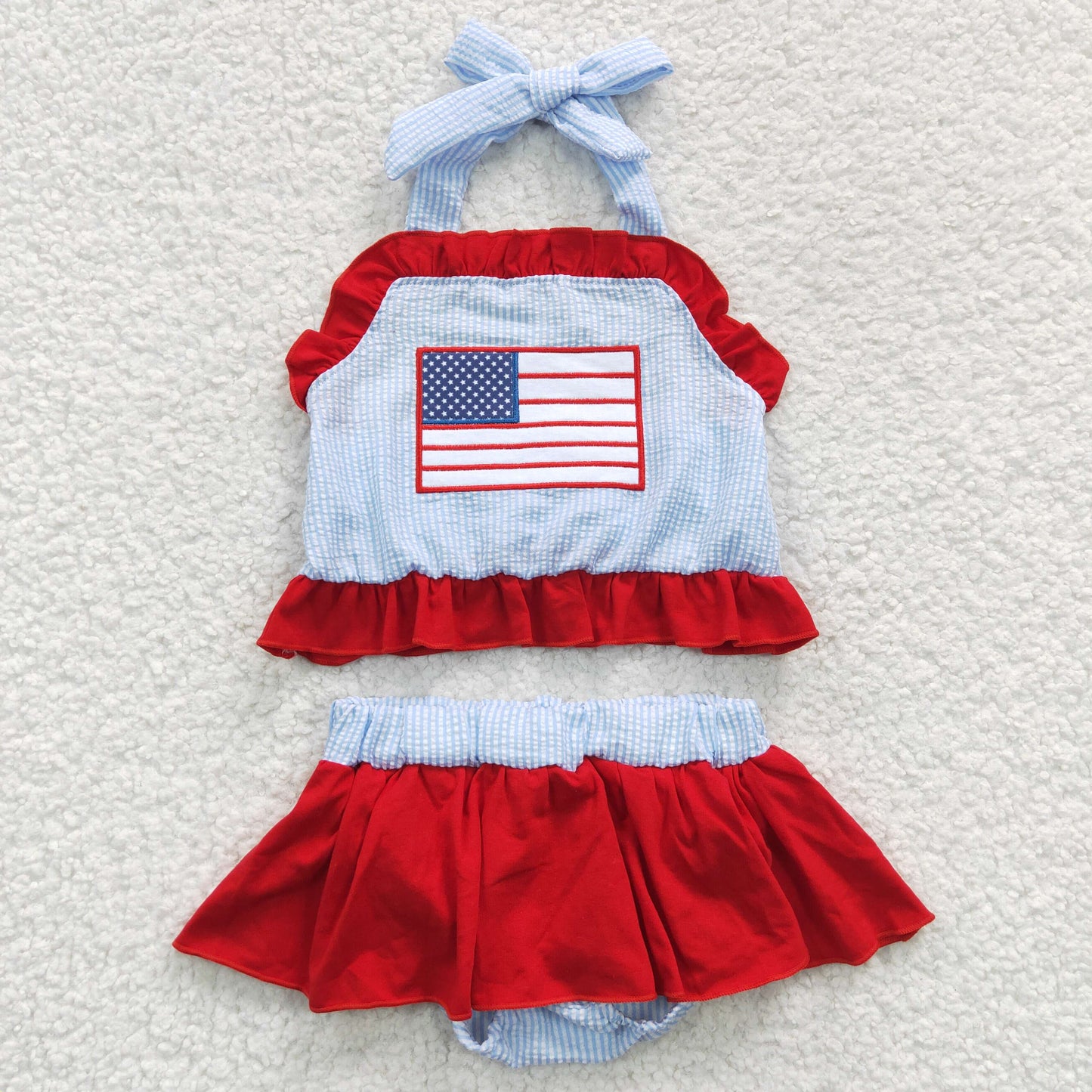 S0134 Baby Girl July 4th Embroidery Flag Swimsuit Summer Bathing Suit Outfit