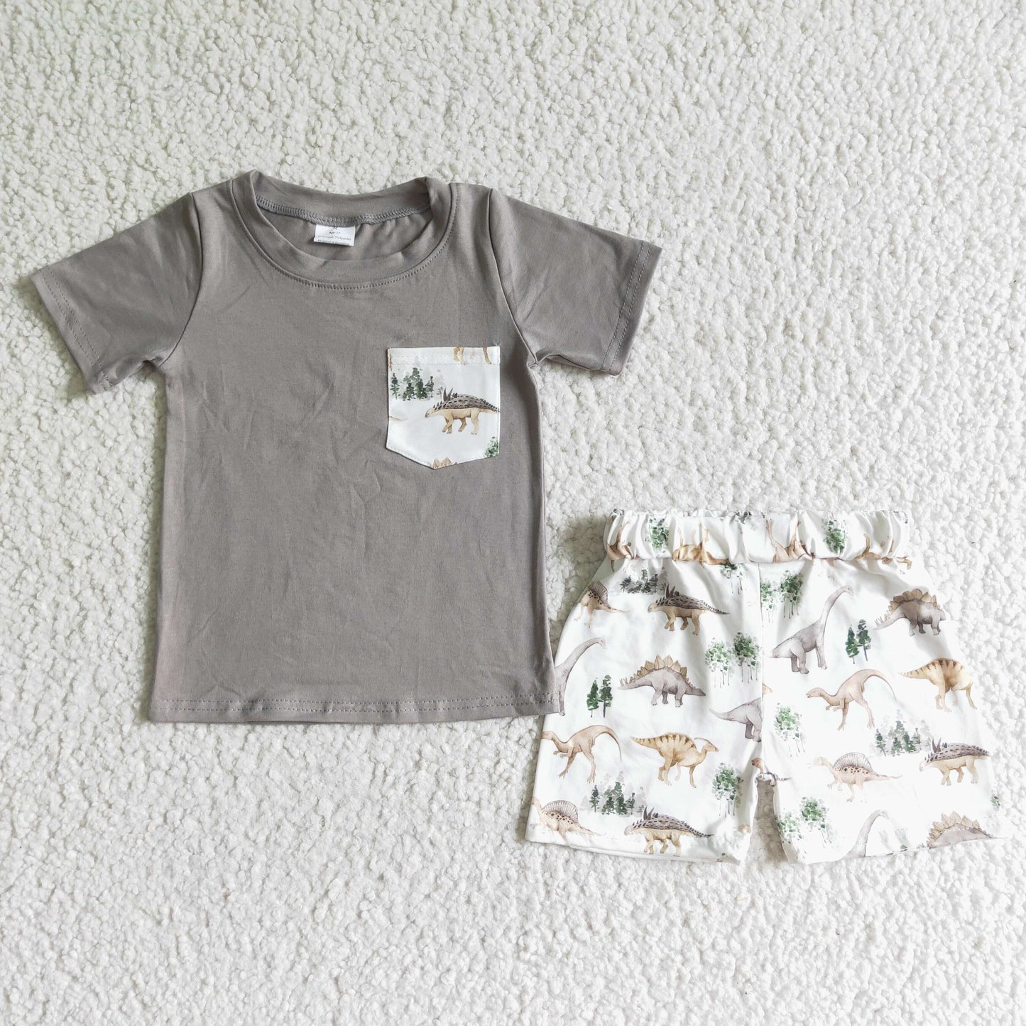 Promotion Baby Boy Summer Grey Shirt Dinosaurs Pocket Shorts Outfit