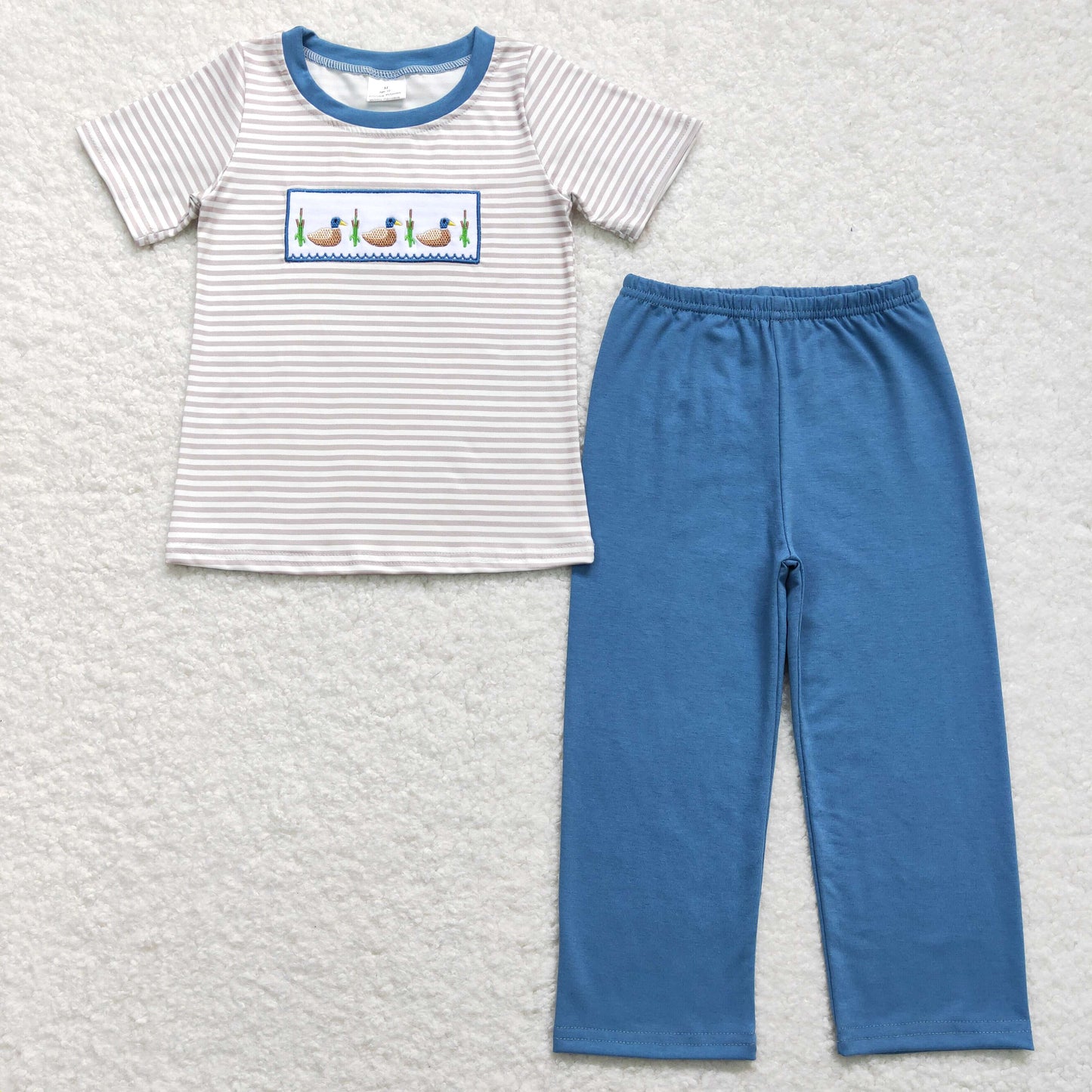 Baby Boy Short Sleeves Embroidery Ducks Stripes Shirt Pants Set Pajamas