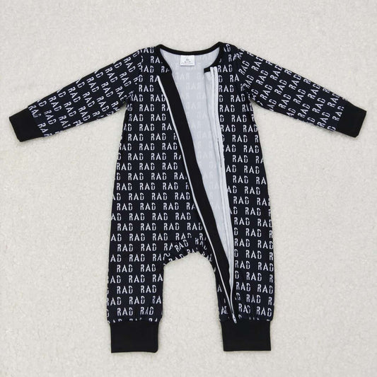 LR0653 Baby Boy Long Sleeves Letter Zipper One Piece Black Romper