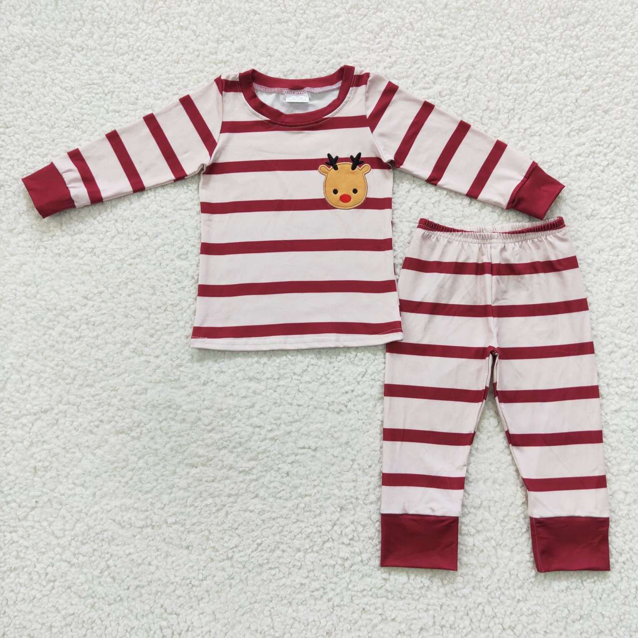 GLP0549 Baby Kids Christmas Reindeer Long Sleeves Red Striped Pants Embroidery Outfit Pajamas