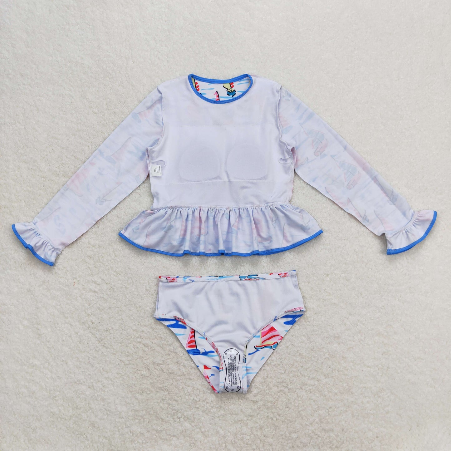 Baby Girl Long Sleeves Boats Blue One Piece Swimsuit