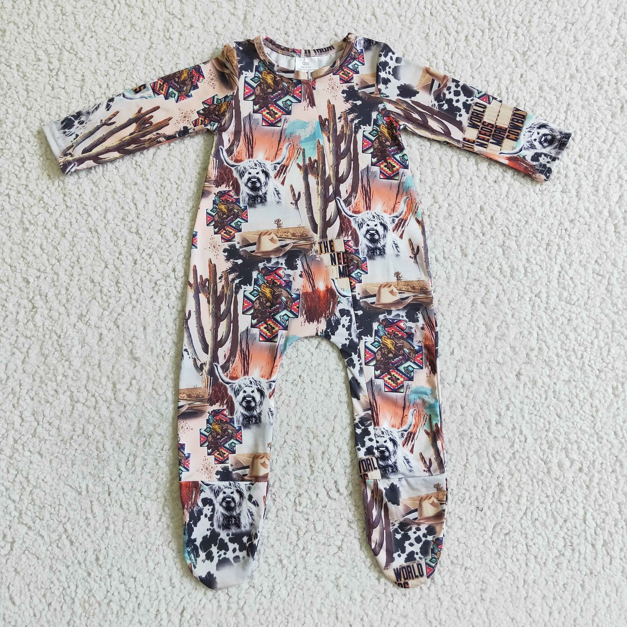 Promotion Baby Boy Long Sleeves Western Cow Cactus Footie Zipper Romper