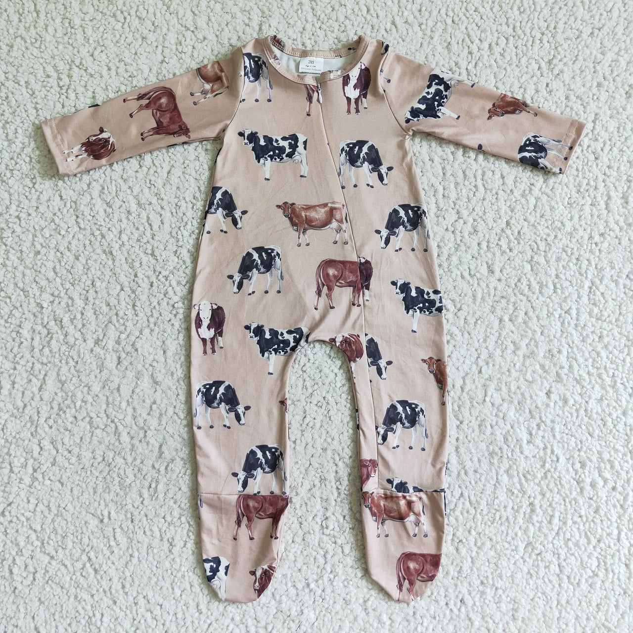 Promotion Baby Boy Newborn Long Sleeves Western Cow Footie Zipper Romper