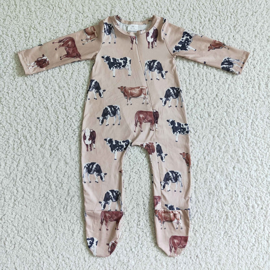 Promotion Baby Boy Newborn Long Sleeves Western Cow Footie Zipper Romper