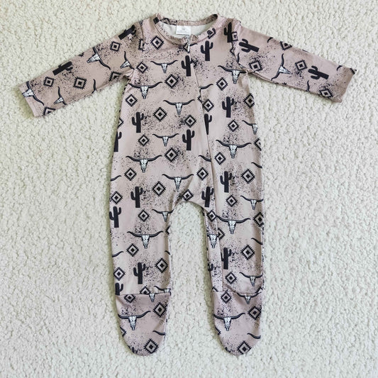 Promotion Baby Boy Newborn Long Sleeves Western Cow Cactus Footie Zipper Romper