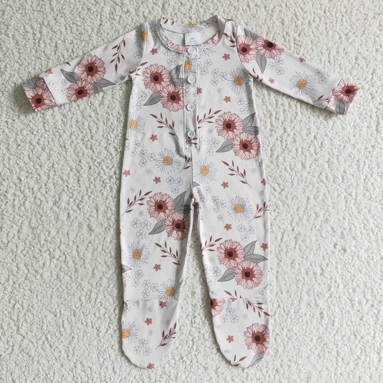 Promotion Baby Girl Long Sleeves Flower Footie Buttons Coverall Romper