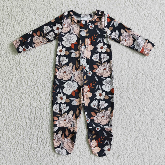 Promotion Baby Girl Long Sleeves Flower Footie Buttons Coverall Grey Romper