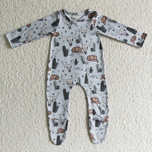 Promotion Baby Boy Newborn Long Sleeves Western Cow Cactus Footie Zipper Romper