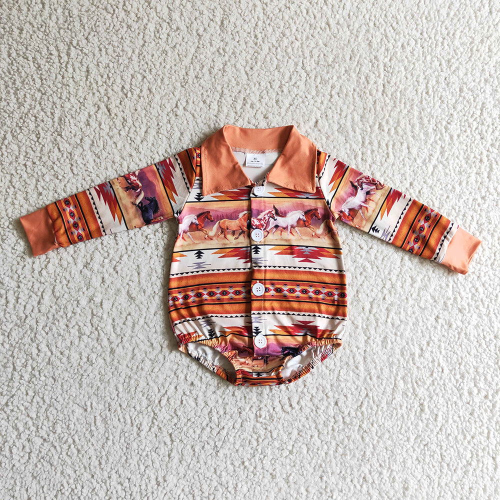 Baby Boy Long Sleeves Western Horse Sibling Buttons Bubble Romper