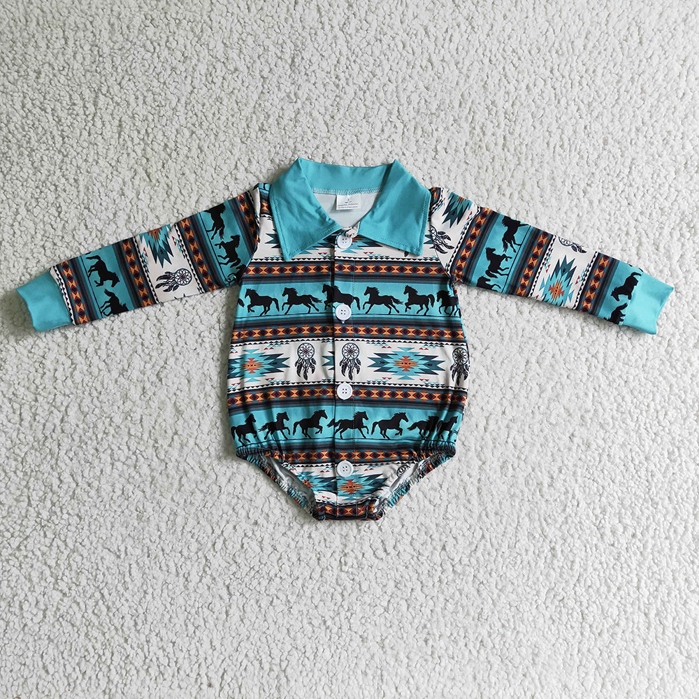 Baby Boy Long Sleeves Western Horse Sibling Buttons Bubble Romper