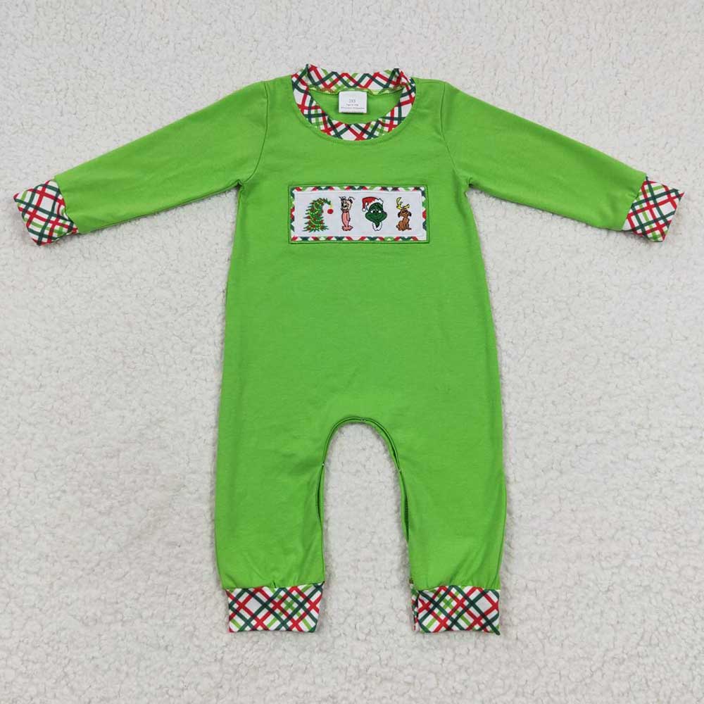 Sibling Boys Girls Long Sleeves Embroidery Green Face Christmas Romper Set Clothes RTS