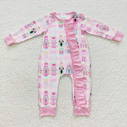 Sibling Baby Girls Long Sleeves  Soldiers Christmas Pink Zipper Romper Dress Set Clothes RTS