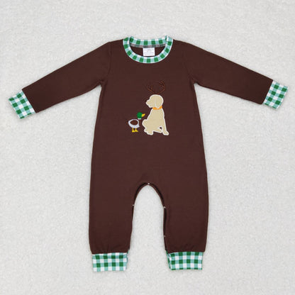 Baby Boy Long Sleeves Dogs Ducks Embroidery Sibling Hunting Romper Clothes RTS