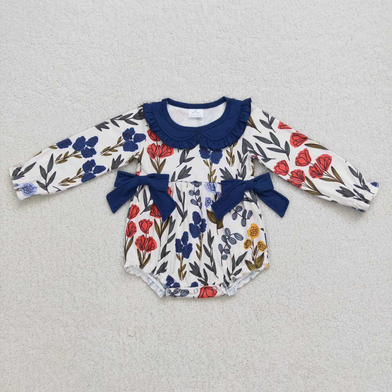 Sibling Baby Girls Kids Long Sleeves Flower Navy Bows Bubble Romper Set Clothes RTS