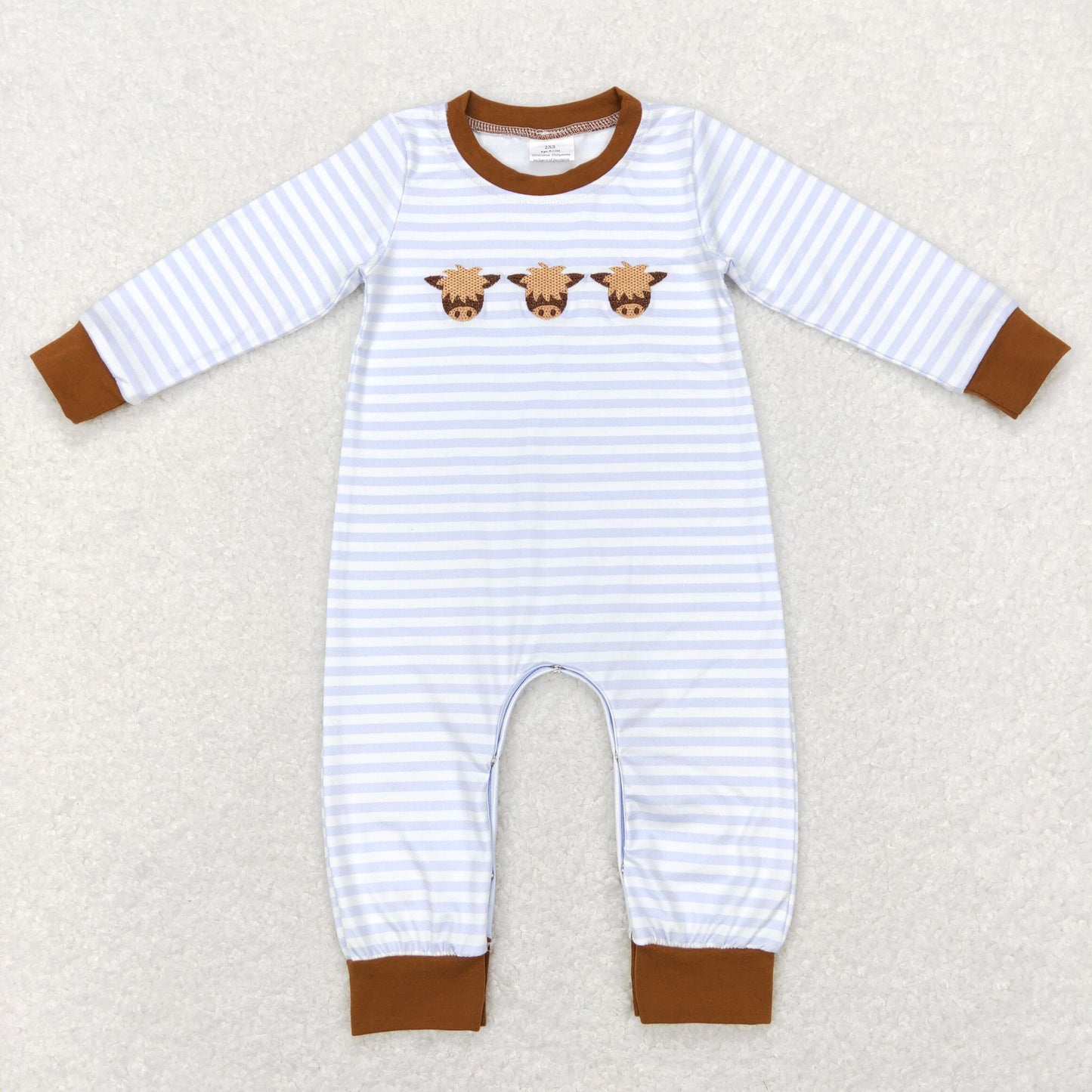 Sibling Baby Boys Kids Long Sleeves Embroidery Cows Stripes Western Romper Set RTS