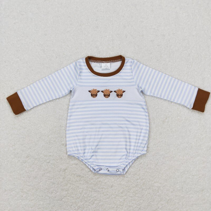 Sibling Baby Boys Kids Long Sleeves Embroidery Cows Stripes Western Romper Set RTS