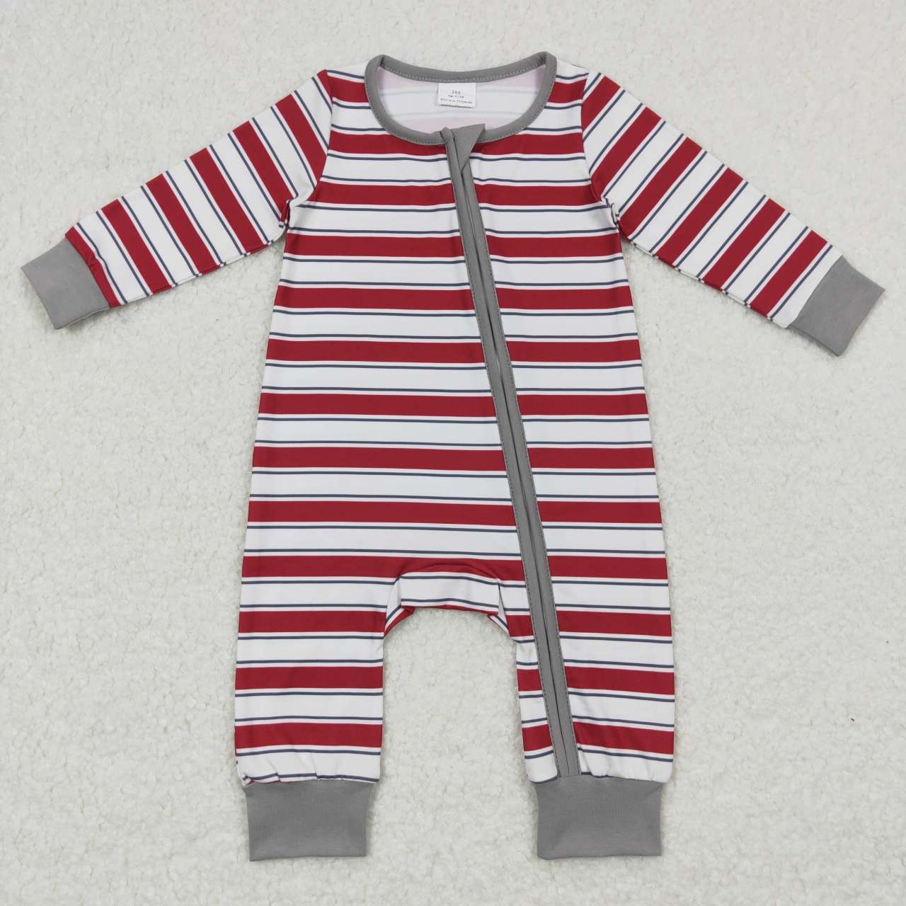 Sibling Boys Girls Kids Long Sleeves Grey Red Stripes Christmas Zipper Romper Outfit Pajamas RTSs