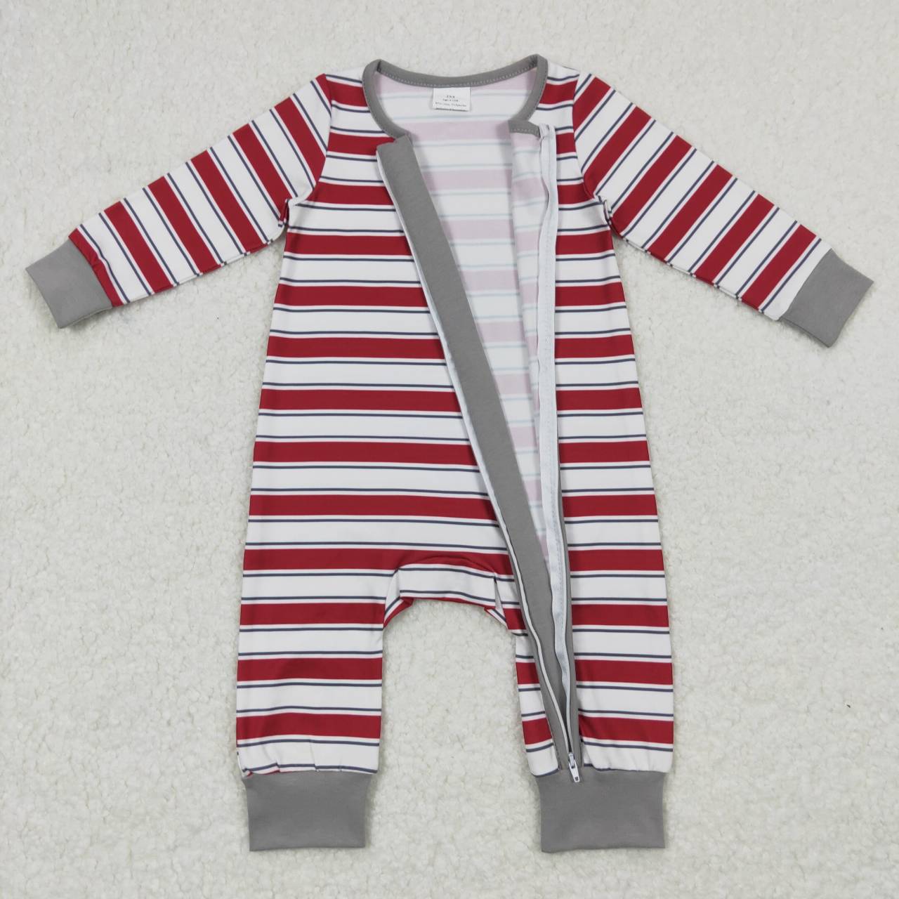 Sibling Boys Girls Kids Long Sleeves Grey Red Stripes Christmas Zipper Romper Outfit Pajamas RTSs