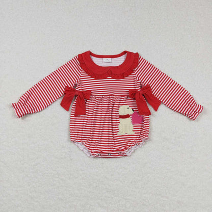 Baby Girl Valentines Embroidered Dogs Hearts Red Stripes Sibling Romper Dress Clothes Set