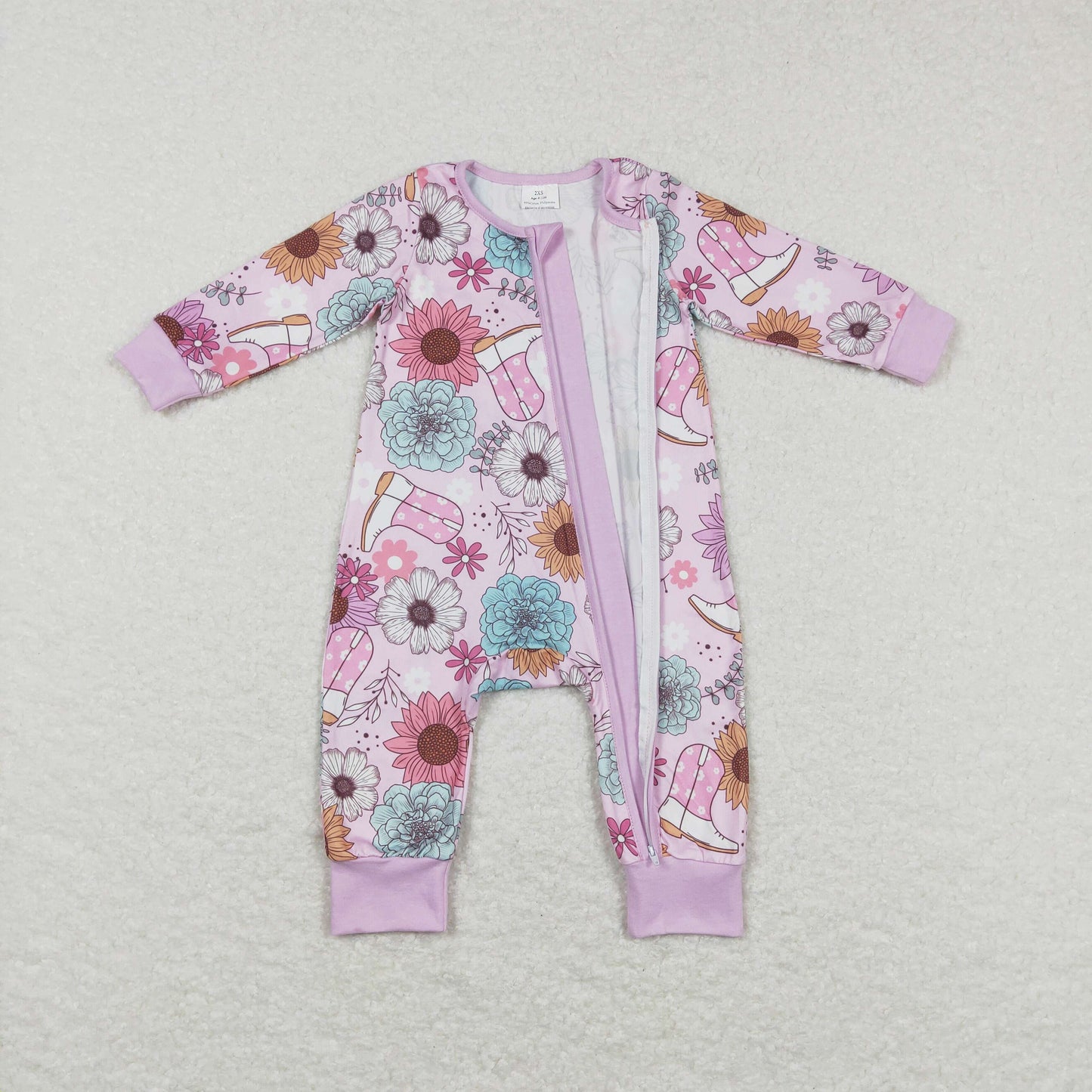 Sibling Baby Girls Long Sleeves Flower Boots Western Zipper Romper Pajamas Set Clothes RTS